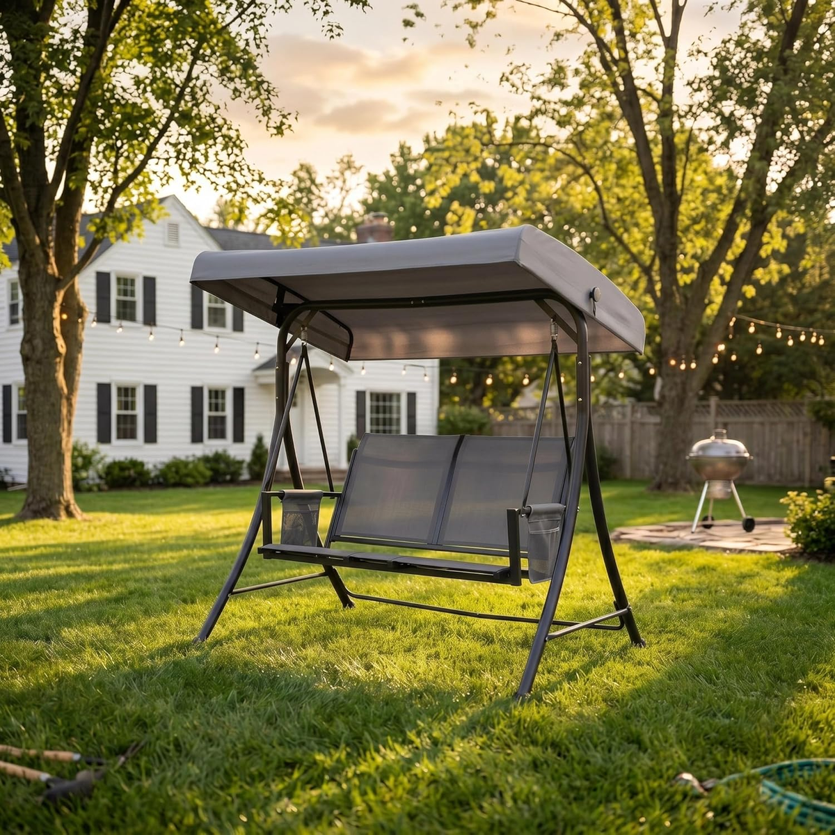 PURPLE LEAF Porch Swing with Adjustable Tilt Canopy Patio Swing with Stand and Meatl Steel Frame All-Weather Outdoor Swing Chair Seat Space-Saving for Backyard Garden Deck