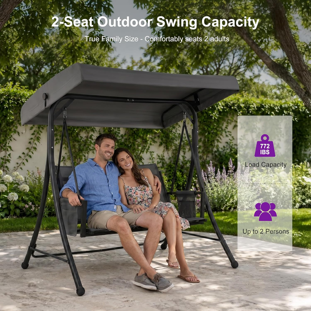 PURPLE LEAF Porch Swing with Adjustable Tilt Canopy Patio Swing with Stand and Meatl Steel Frame All-Weather Outdoor Swing Chair Seat Space-Saving for Backyard Garden Deck