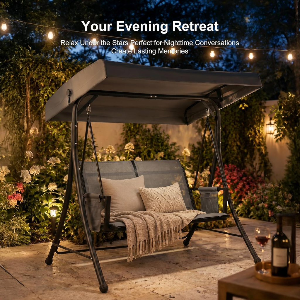 PURPLE LEAF Porch Swing with Adjustable Tilt Canopy Patio Swing with Stand and Meatl Steel Frame All-Weather Outdoor Swing Chair Seat Space-Saving for Backyard Garden Deck