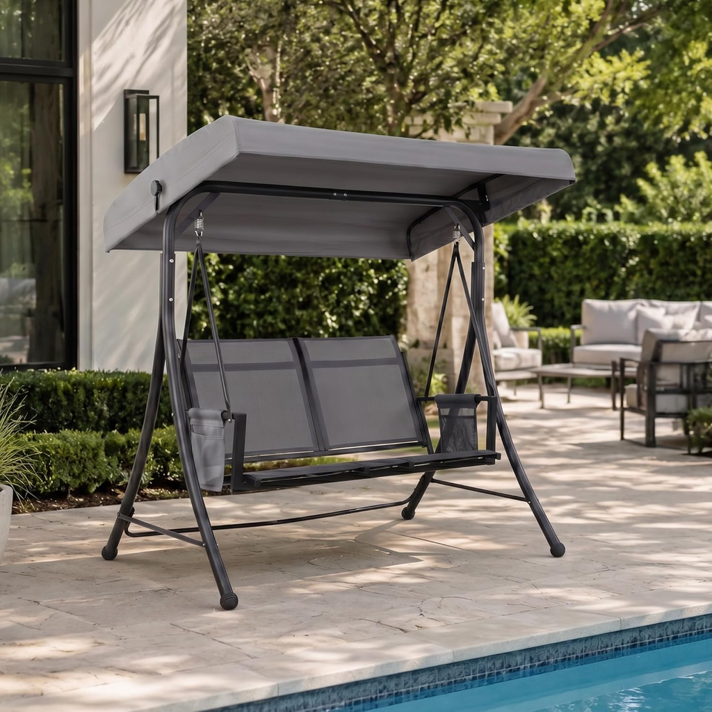 PURPLE LEAF Porch Swing with Adjustable Tilt Canopy Patio Swing with Stand and Meatl Steel Frame All-Weather Outdoor Swing Chair Seat Space-Saving for Backyard Garden Deck