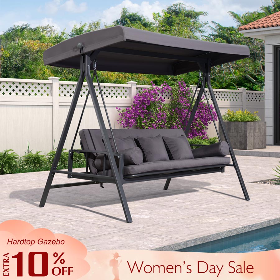 PURPLE LEAF Outdoor Patio Porch Swing Adjustable Backrest, 3-seat Swing Chair with Weather Resistant Steel Frame for Backyard ,Pillows Included