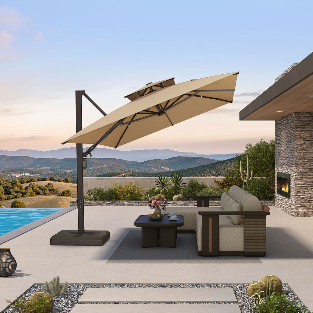 PURPLE LEAF Provence Series Offset Cantilever Patio Umbrella with Bronze Aluminum Frame, Vented Canopy for Deck, Pool and Café