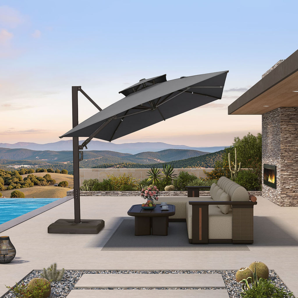 PURPLE LEAF Provence Series Offset Cantilever Patio Umbrella with Bronze Aluminum Frame, Vented Canopy for Deck, Pool and Café