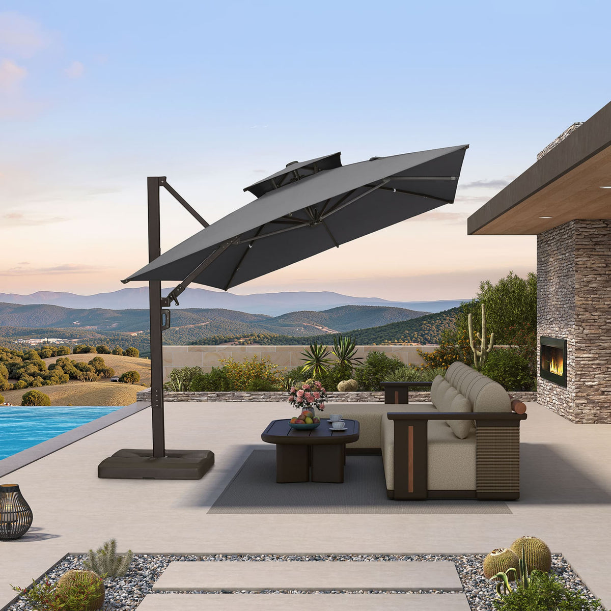 PURPLE LEAF Provence Series Offset Cantilever Patio Umbrella with Bronze Aluminum Frame, Vented Canopy for Deck, Pool and Café