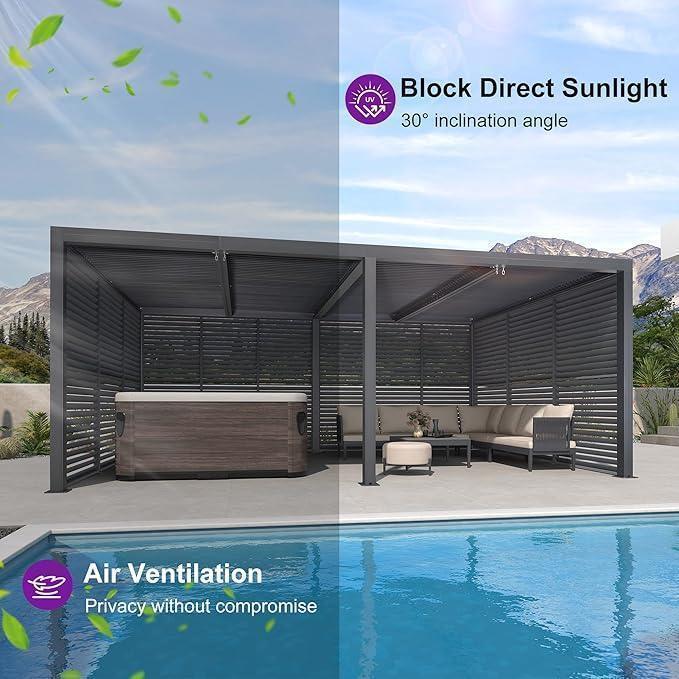 PURPLE LEAF Athena Louvered Pergola Grey Outdoor Aluminum Pergola with Shutter Wall Adjustable Gazebo Rainproof for Patio Deck Garden