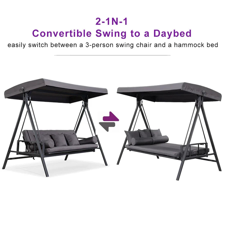 PURPLE LEAF Outdoor Patio Porch Swing Adjustable Backrest, 3-seat Swing Chair with Weather Resistant Steel Frame for Backyard ,Pillows Included