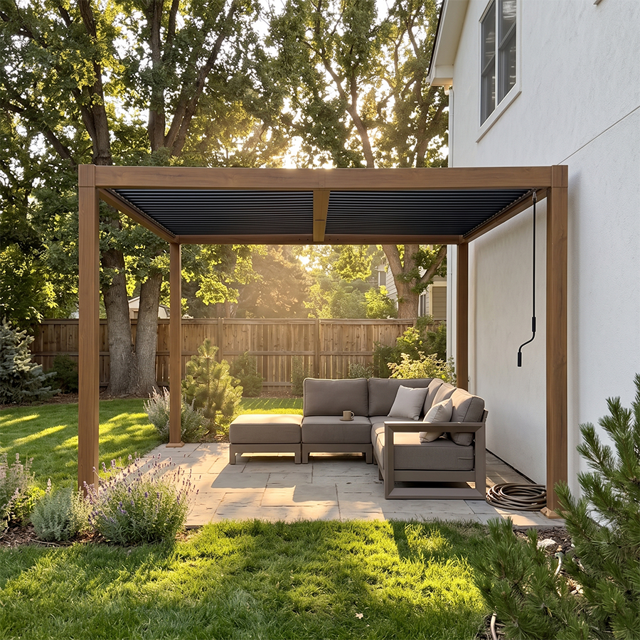 PURPLE LEAF Caesar Louvered Pergola Outdoor Wood Grain Frame Gray  Roof Aluminum Pergola with Adjustable Roof Patio Hardtop Gazebo for Backyard Garden
