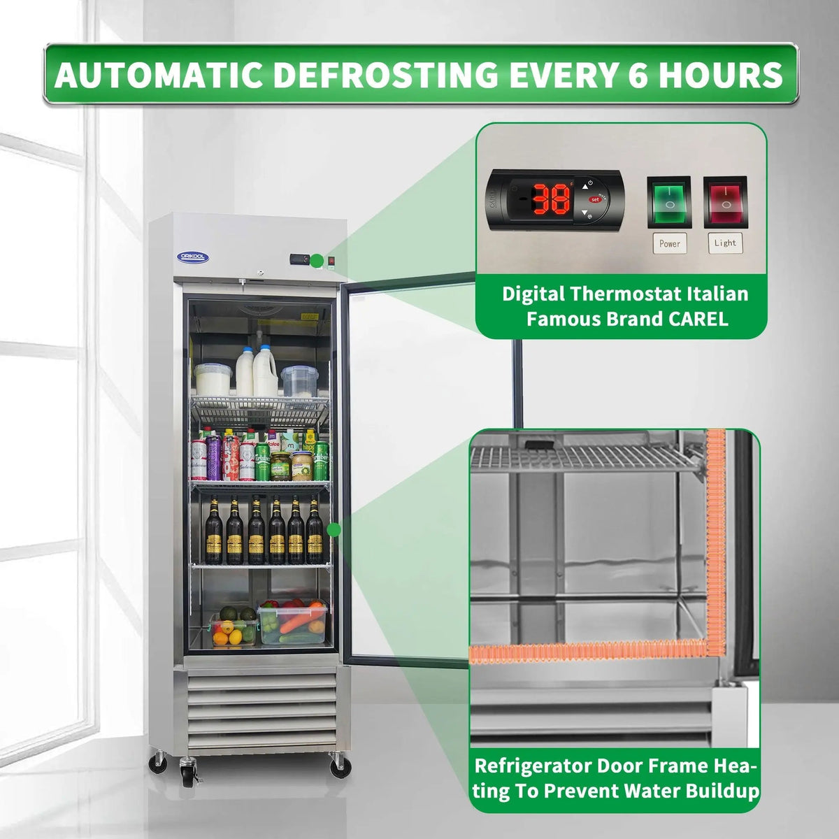 23 Cu.ft Commercial Display Refrigerator, Single Glass Door, Stainless Steel, LED Lighting, DOBA-FZS27
