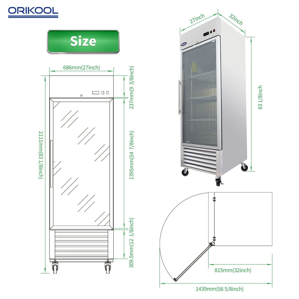 23 Cu.ft Commercial Display Refrigerator, Single Glass Door, Stainless Steel, LED Lighting, DOBA-FZS27