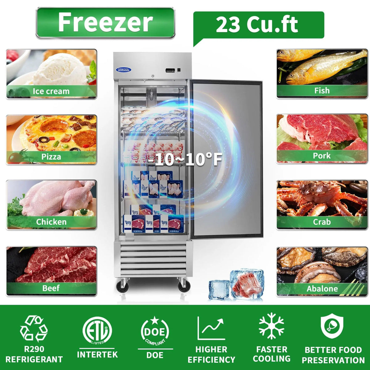23 Cu.ft Commercial Freezer, 27" Width, 1 Door, Stainless Steel ETL Approved, Upright Storage, DOBA-FZ27