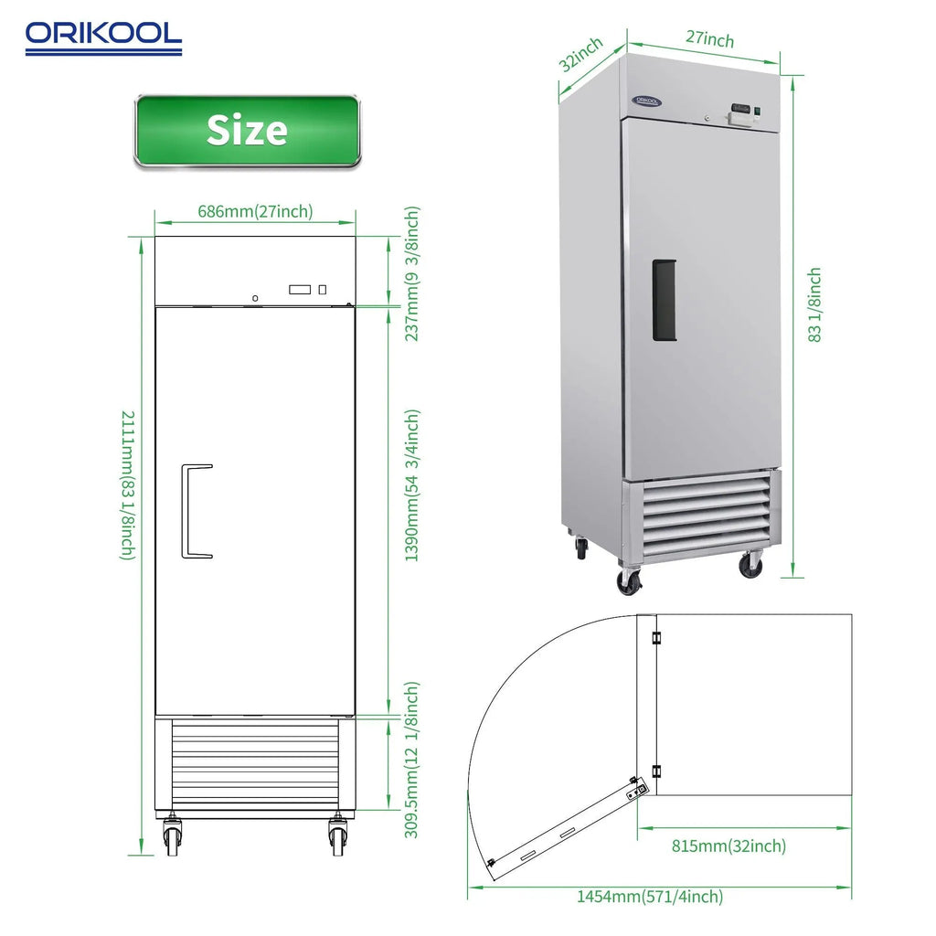 23 Cu.ft Commercial Freezer, 27" Width, 1 Door, Stainless Steel ETL Approved, Upright Storage, DOBA-FZ27