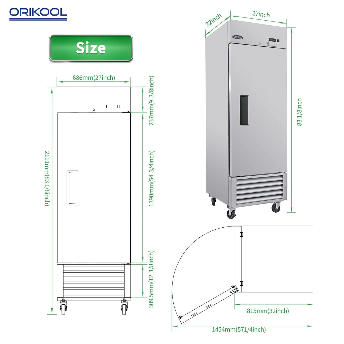23 Cu.ft Commercial Freezer, 27" Width, 1 Door, Stainless Steel ETL Approved, Upright Storage, DOBA-FZ27