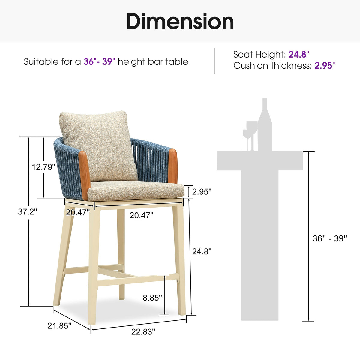 PURPLE LEAF Hailar Outdoor Bar Stools Chair Modern Rattan Bar Stool with Back and Cushion for Balcony, Indoor or Outdoor, Kitchen Island