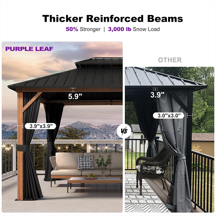 PURPLE LEAF Metal Gazebo Double Roof Wood Grain Aluminum Frame with Curtains and Netting with Lights-clear