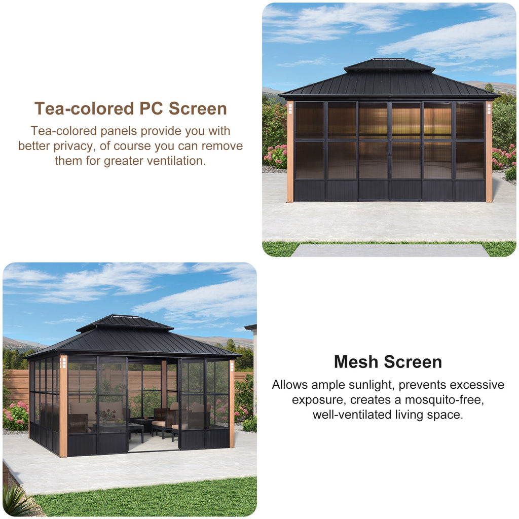 PURPLE LEAF Sunroom Hardtop Gazebo with Wood Grain Columns Black Frame Double Roof Galvanized Steel Solarium All-Weather Screen House