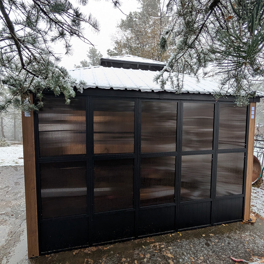 PURPLE LEAF Sunroom Hardtop Gazebo with Wood Grain Columns Black Frame Double Roof Galvanized Steel Solarium All-Weather Screen House with String Lights