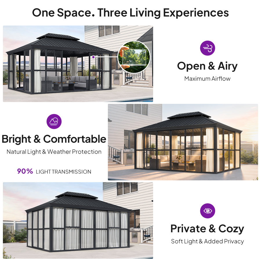PURPLE LEAF Luxury Sunroom Solarium 360° Transparent Outdoor Living Room with Elegant Curtains Outdoor Gazebo with 4-Side Sliding Doors and Windows for Entertaining