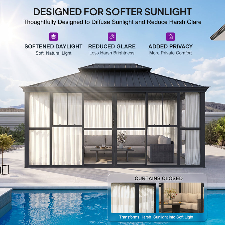 PURPLE LEAF Luxury Sunroom Solarium 360° Transparent Outdoor Living Room with Elegant Curtains Outdoor Gazebo with 4-Side Sliding Doors and Windows for Entertaining