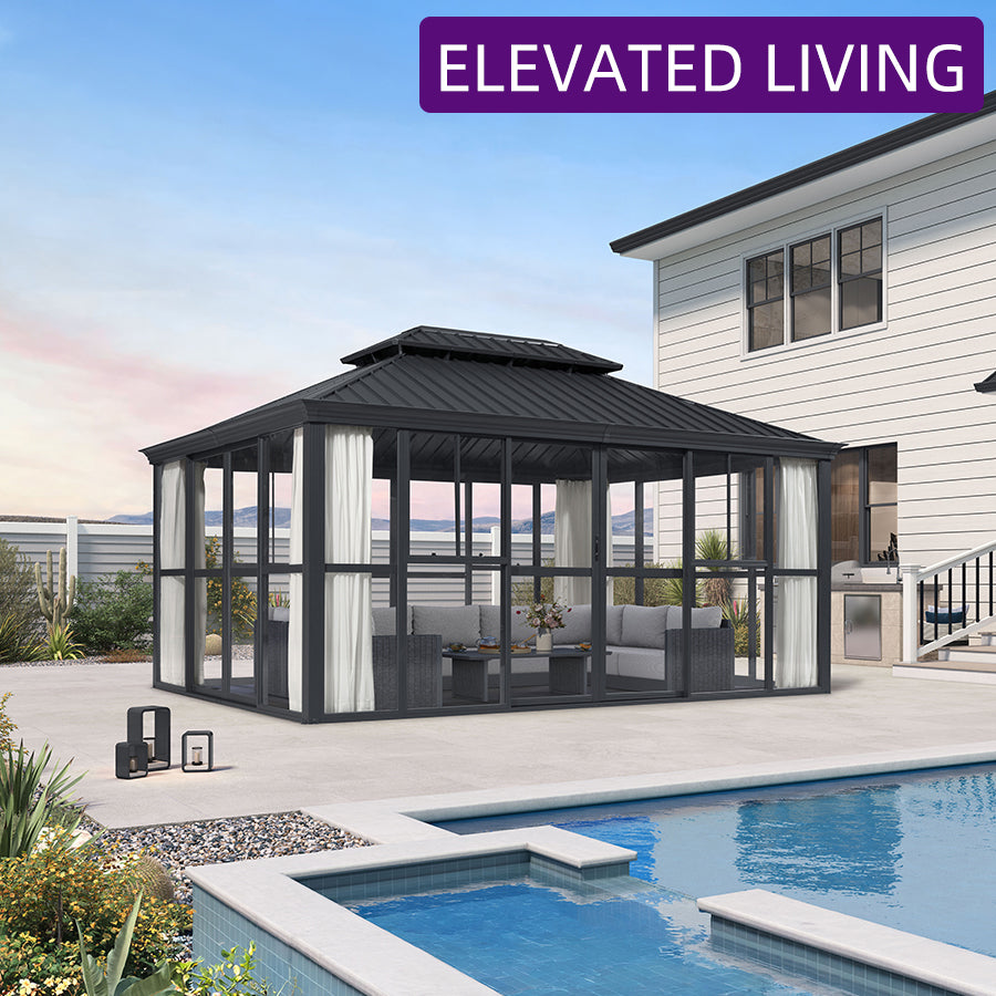 PURPLE LEAF Luxury Sunroom Solarium 360° Transparent Outdoor Living Room with Elegant Curtains Outdoor Gazebo with 4-Side Sliding Doors and Windows for Entertaining