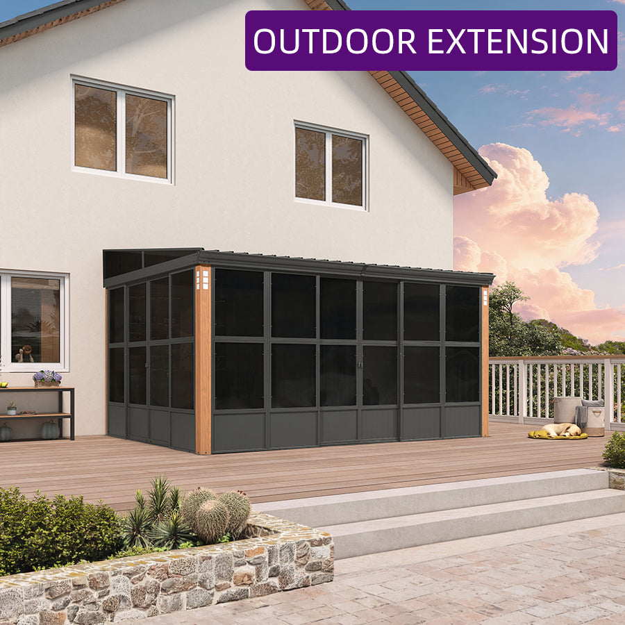 PURPLE LEAF Wall Mounted Sunroom Galvanized Steel Sloped Roof Lean-to Enclosed Aluminum Grey Frame Wood Grain Columns for Outdoor Home Extension