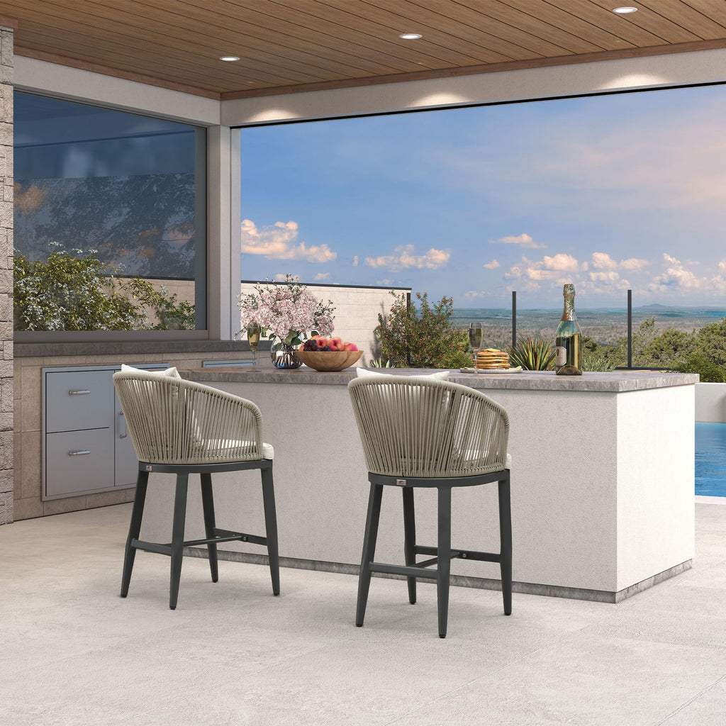 PURPLE LEAF Outdoor Bar Stools Patio Modern Aluminum Rattan High Back & Arms Bar Chairs with Removable Cushions and Pillows  for Outdoor or Indoor