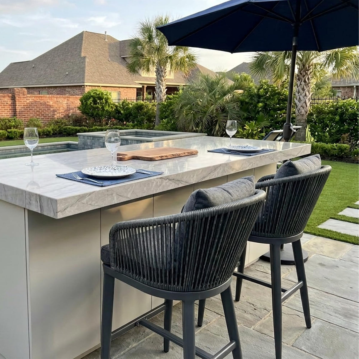 PURPLE LEAF Outdoor Bar Stools Patio Modern Aluminum Rattan High Back & Arms Bar Chairs with Removable Cushions and Pillows  for Outdoor or Indoor