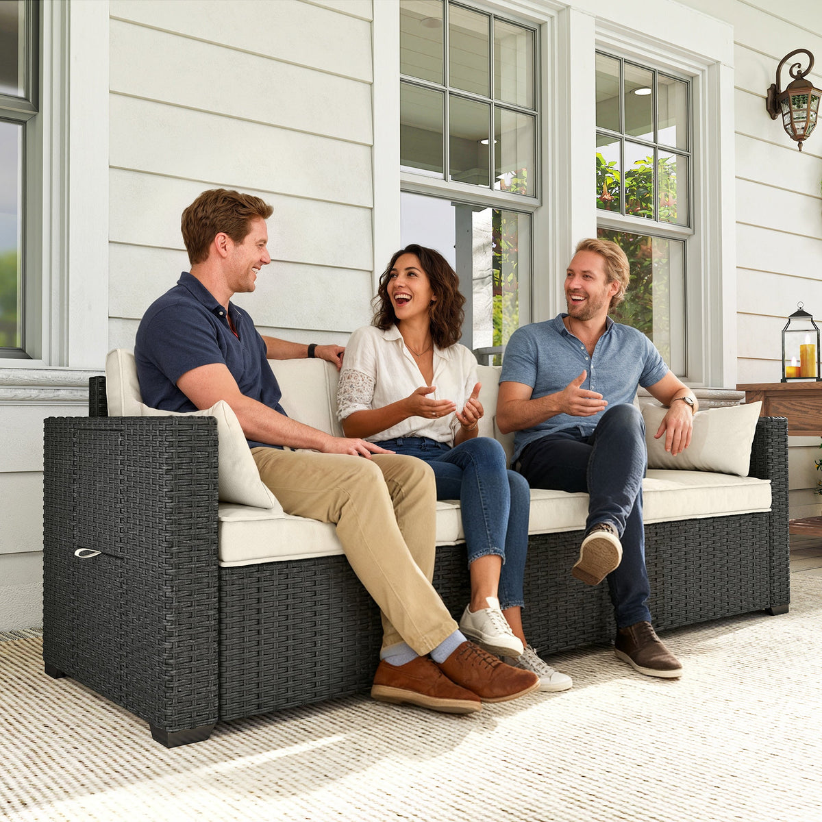 3-Seater Wicker Outdoor Sofa with Side Trays & Thick Cushions, Cream White