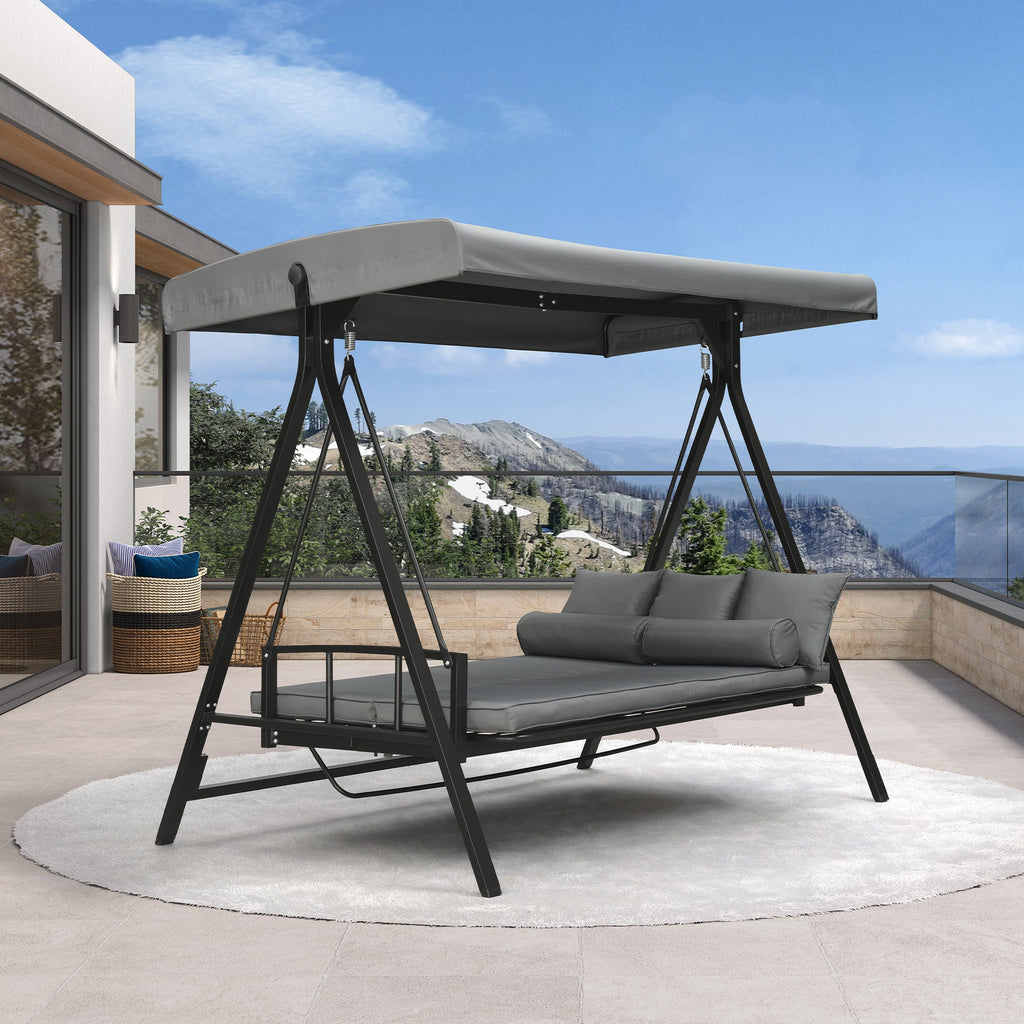 PURPLE LEAF Porch Swing with Adjustable Tilt Canopy Patio Swing with Stand and Meatl Steel Frame All-Weather Outdoor Swing Chair Seat Space-Saving for Backyard Garden Deck