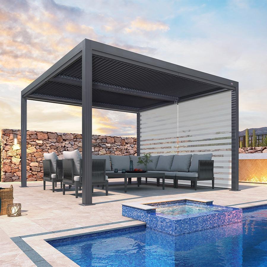 PURPLE LEAF Athena Louvered Pergola Grey Outdoor Aluminum Pergola with Roller Blind Adjustable Gazebo for Patio Deck Garden