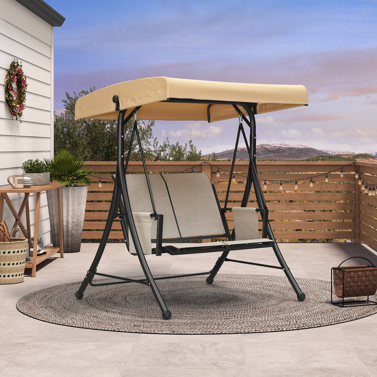 PURPLE LEAF Porch Swing with Adjustable Tilt Canopy Patio Swing with Stand and Meatl Steel Frame All-Weather Outdoor Swing Chair Seat Space-Saving for Backyard Garden Deck