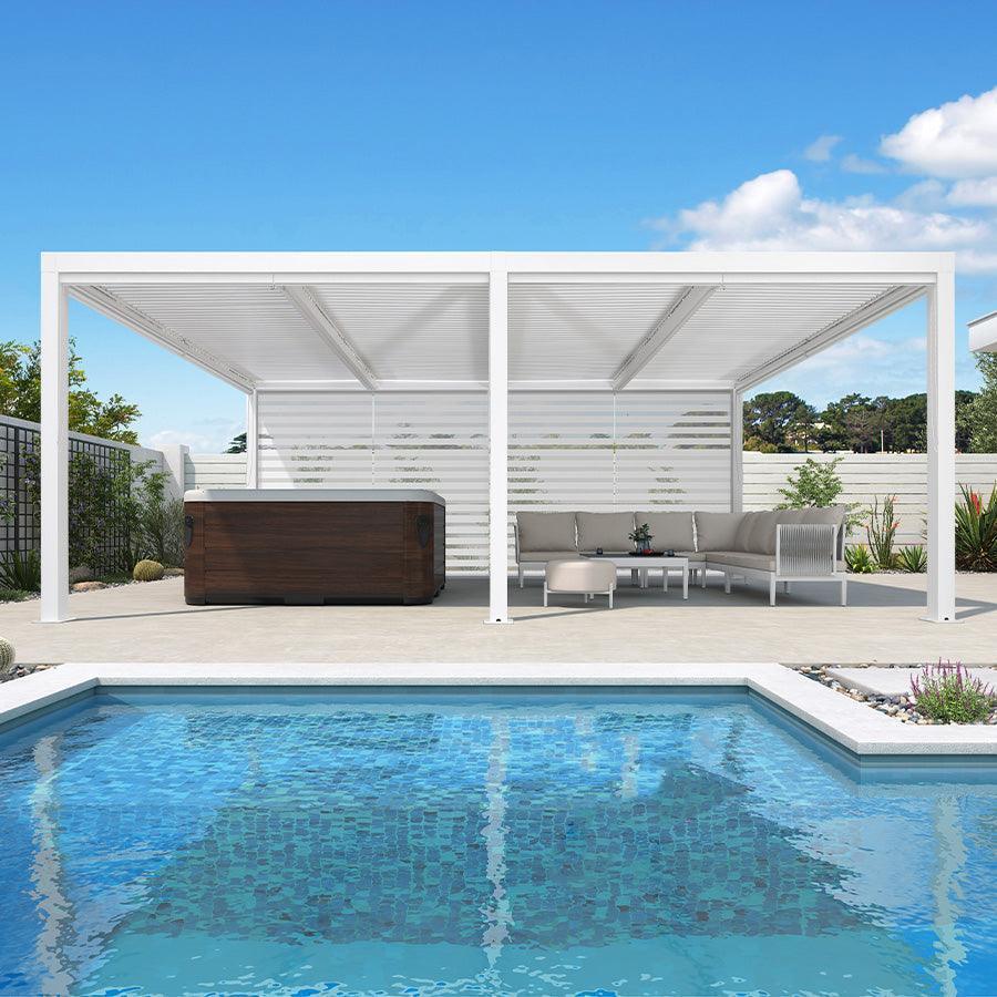 PURPLE LEAF Athena Louvered Pergola White Outdoor Aluminum Pergola with Roller Blind Adjustable Gazebo for Patio Deck Garden