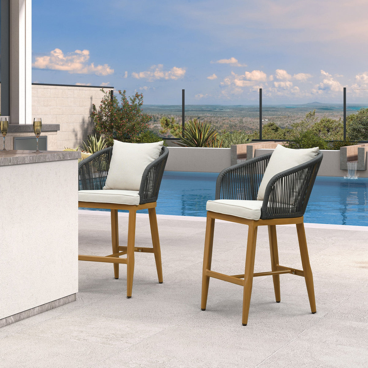 PURPLE LEAF Outdoor Bar Stools Patio Modern Aluminum Rattan High Back & Arms Bar Chairs with Removable Cushions and Pillows  for Outdoor or Indoor
