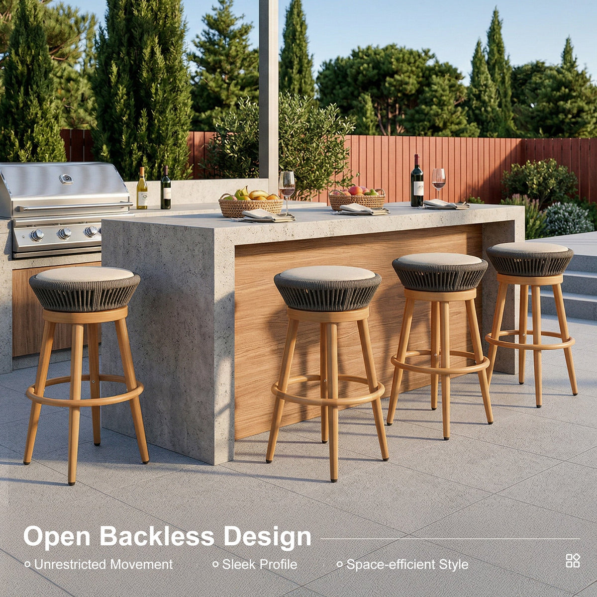 PURPLE LEAF Outdoor Swivel Bar Stools Set of 2 Metal Modern Rattan Bar Chairs with Backrest Aluminum Woven Barstools with Cushions