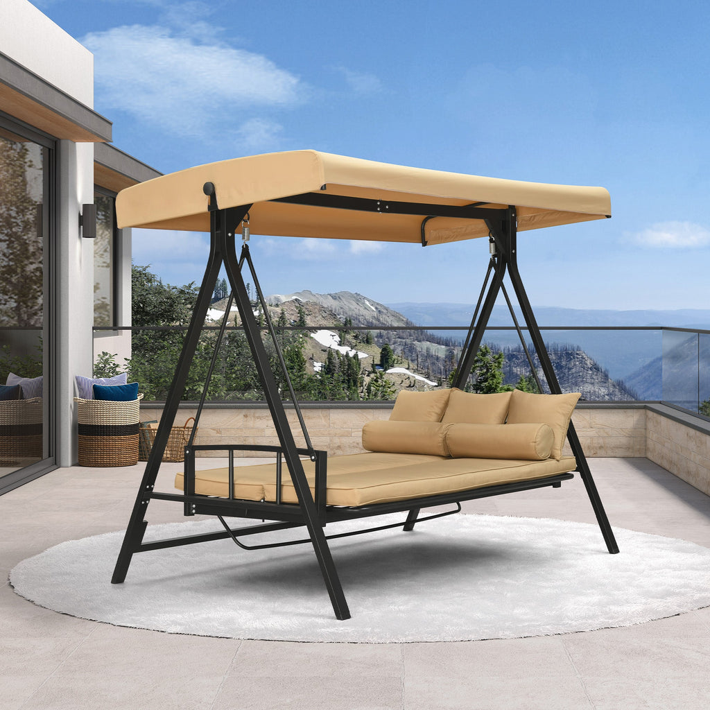 PURPLE LEAF Porch Swing with Adjustable Tilt Canopy Patio Swing with Stand and Meatl Steel Frame All-Weather Outdoor Swing Chair Seat Space-Saving for Backyard Garden Deck