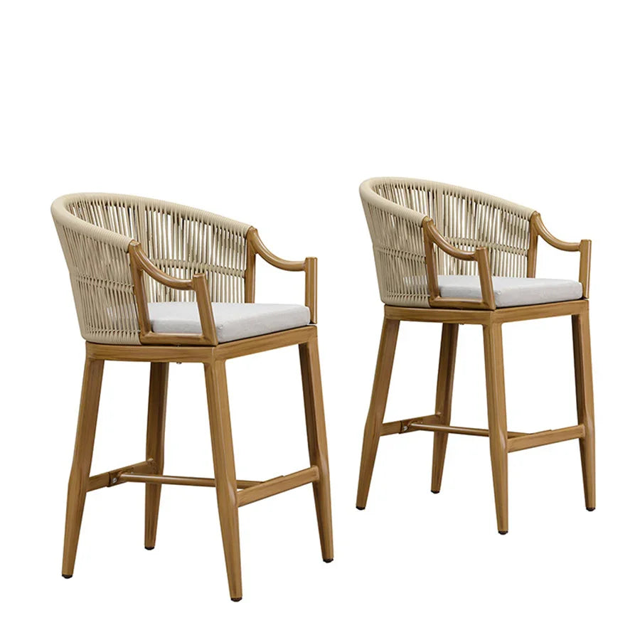 PURPLE LEAF Patio Bar Stools Set of 2 Outdoor Wicker Modern High Bar Chairs Metal Cushioned Barstools with Backs and Ergonomic Armrest