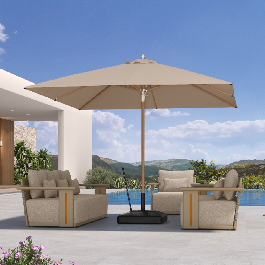 PURPLE LEAF Premium Teak‑Finish Aluminum Frame Outdoor Patio Market Umbrella with Rope Pulley Lift