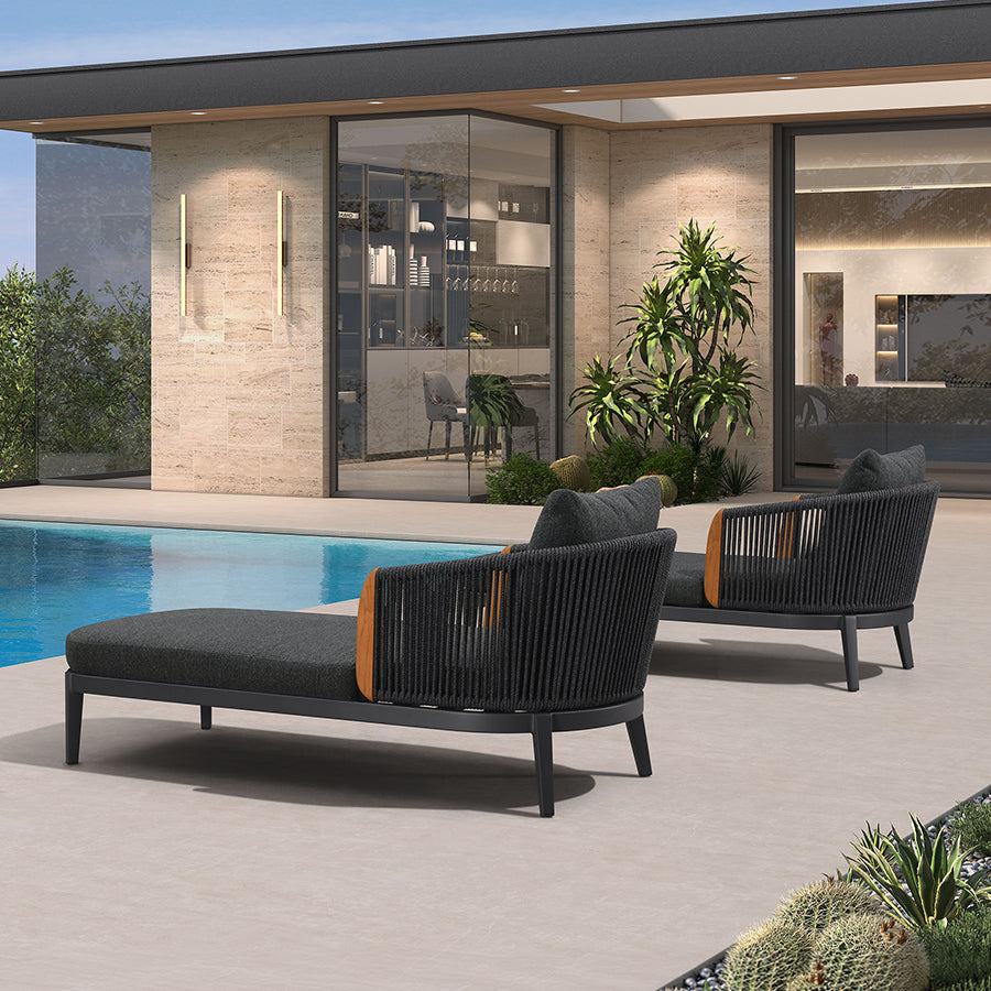 PURPLE LEAF Hailar Olefin Patio Chaise Lounge Chair , Upholstered Pool Aluminium Lounge Chairs for Outdoor with Teak Armres for Deck, Pool, Lawn, Garden, Courtyard, Porch