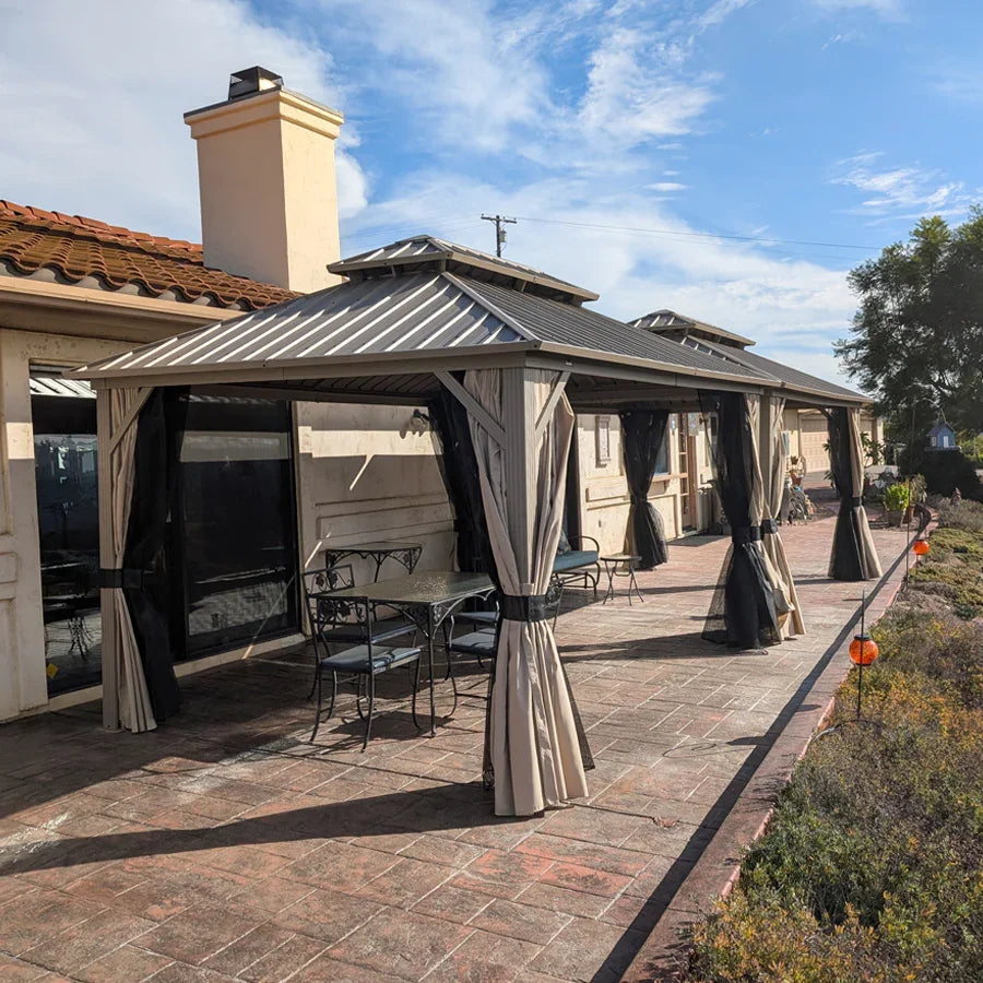 PURPLE LEAF Deck Gazebo Champagne Hardtop Metal Frame Double Roof with Curtains and Netting with Lights-milky