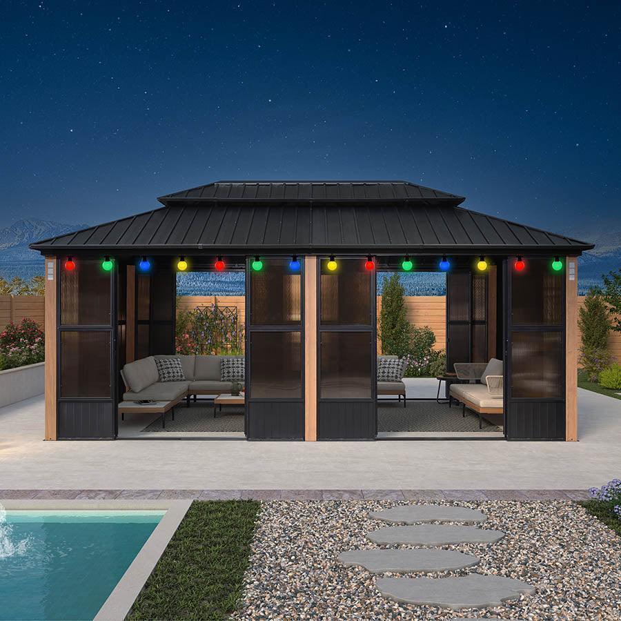 PURPLE LEAF Sunroom Hardtop Gazebo with Wood Grain Columns Black Frame Double Roof Galvanized Steel Solarium All-Weather Screen House with String Lights