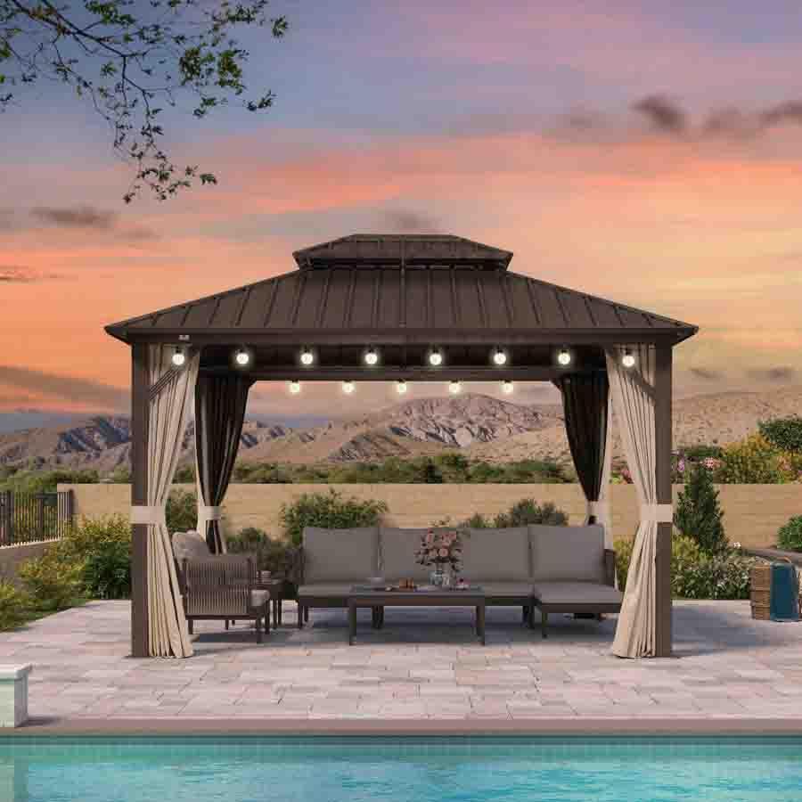 PURPLE LEAF Hardtop Gazebo Featuring Galvanized Steel Double Roof and Bronze Aluminum Frame with Curtains and Netting for Poolside with Lights-clear