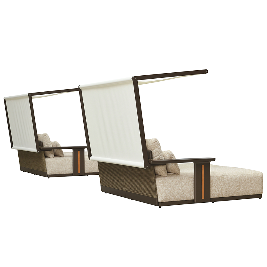 PURPLE LEAF Luxury Double Chaise Lounge Chair Outdoor Premium Aluminum Lounger with Teak Trim Armrest and 4 Pillows Modern Daybed with Textilene Canpoy for Pool Backyard Deck Garden