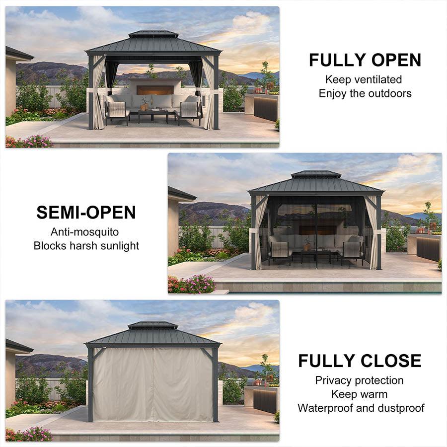 PURPLE LEAF Outdoor Hardtop Gazebo for Patio Grey Aluminum Frame Pavilion with Khaki curtains and String Lights