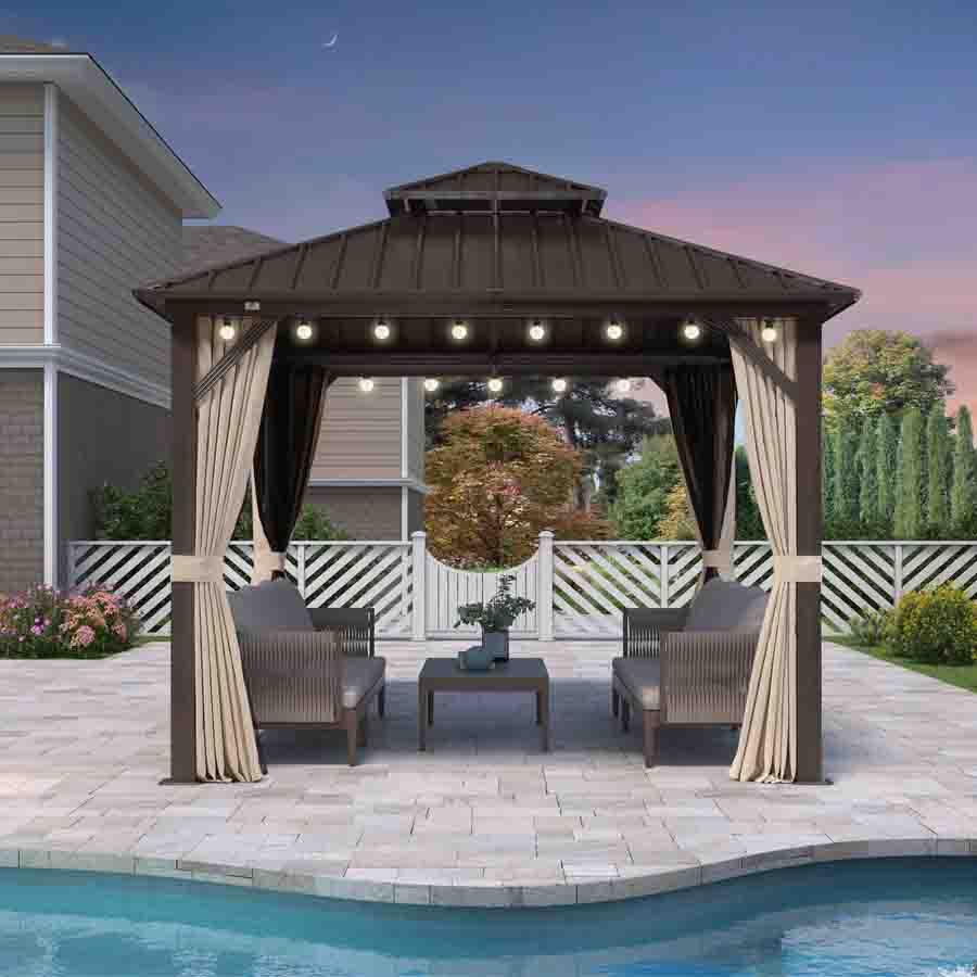 PURPLE LEAF Hardtop Gazebo Featuring Galvanized Steel Double Roof and Bronze Aluminum Frame with Curtains and Netting for Poolside with Lights-clear