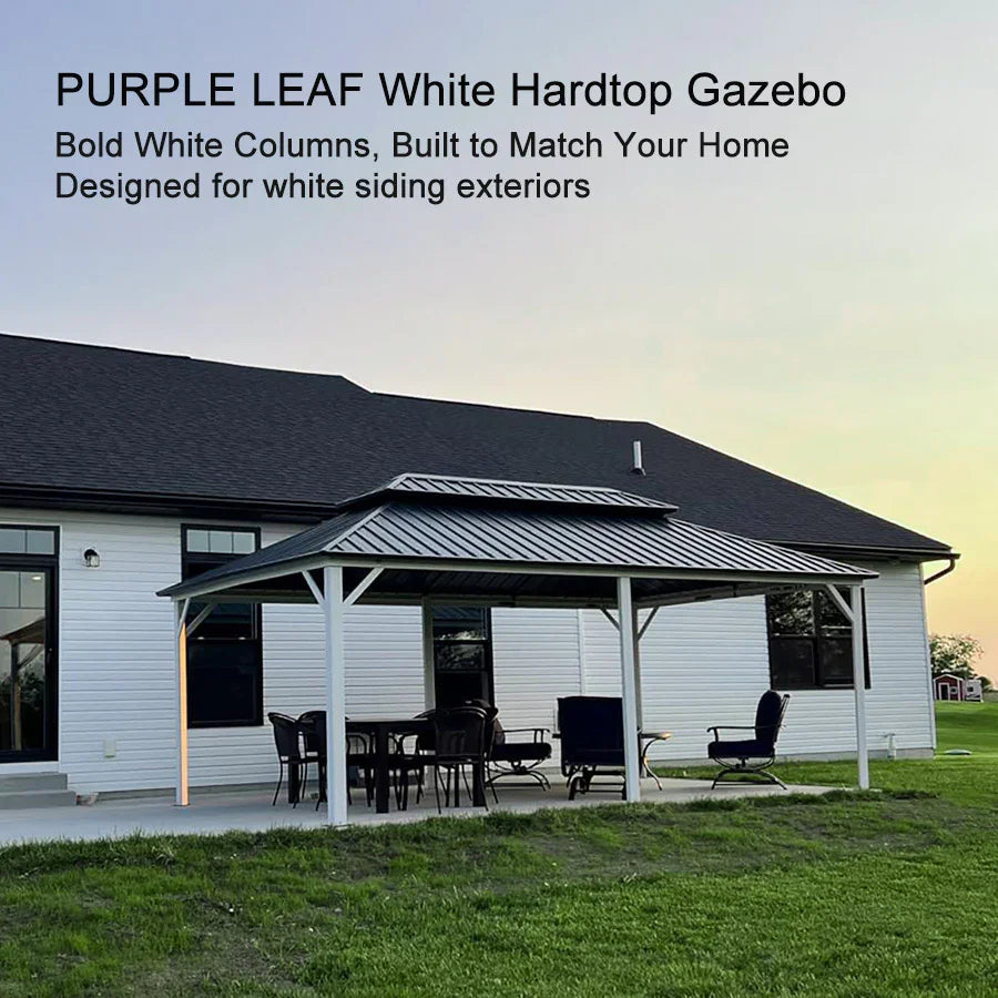 PURPLE LEAF Modern Gazebo Grey Hardtop Galvanized Steel Double Roof White Aluminum Poles with Curtains and Netting with Lights-clear