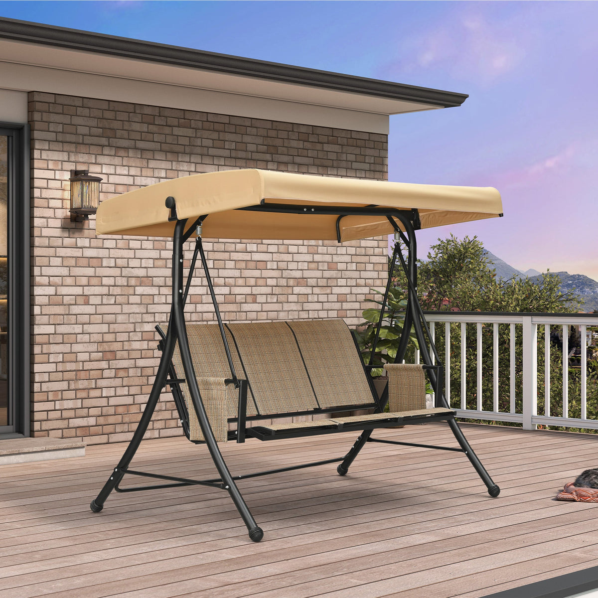 PURPLE LEAF Porch Swing with Adjustable Tilt Canopy Patio Swing with Stand and Meatl Steel Frame All-Weather Outdoor Swing Chair Seat Space-Saving for Backyard Garden Deck