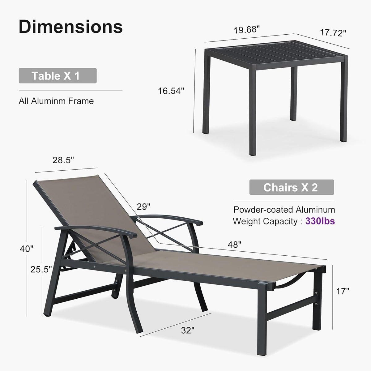 PURPLE LEAF Oversized Chaise Lounge Chair Outdoor Extra Wide Pool Lounge Chairs 5 Adjustable Position with Armrests and Side Table, Aluminum Patio Lounge Chair for Outside, Backyard, Pool