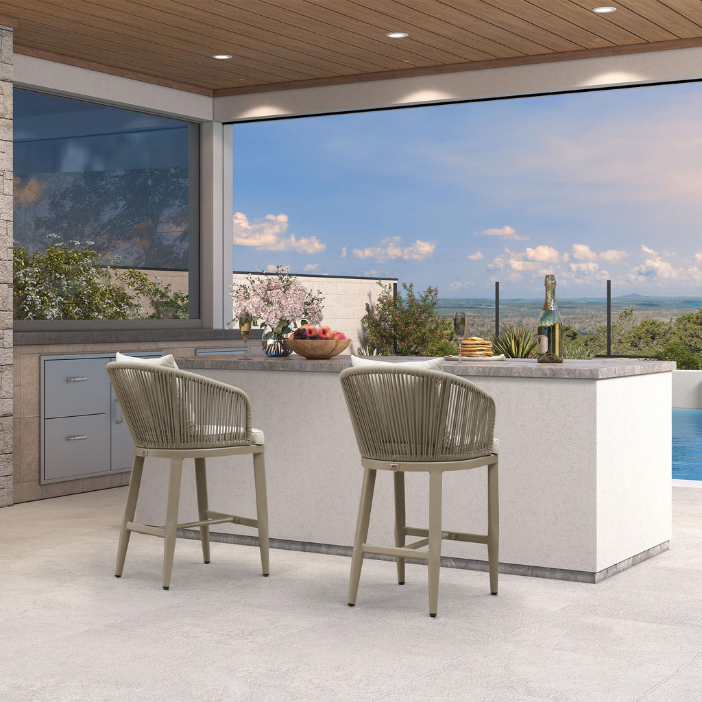 PURPLE LEAF Outdoor Bar Stools Patio Modern Aluminum Rattan High Back & Arms Bar Chairs with Removable Cushions and Pillows  for Outdoor or Indoor