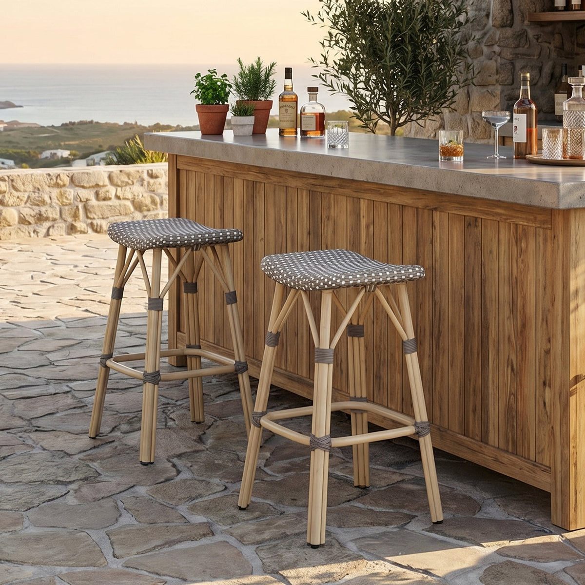 PURPLE LEAF Outdoor Bar Stools Set of 2 Backless Rattan Barstools with Saddle Seat and Footrest All Weather Aluminum Bar Chairs for Patio Kitchen Island Pool Balcony