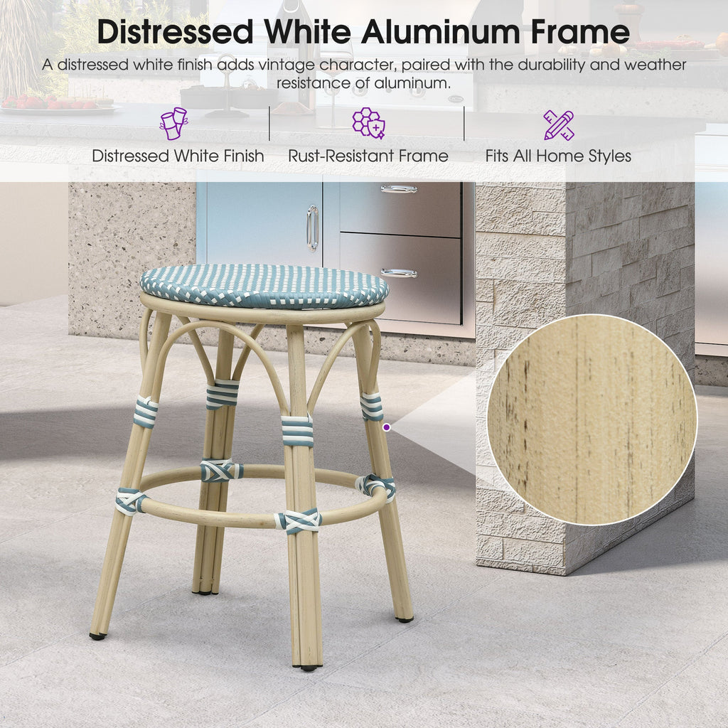 PURPLE LEAF Patio French Round Counter Stool Set of 2 Rattan Backless Stackable Barstools Aluminum Frame Footrest with Woven Wicker for Outdoor Kitchen Yard