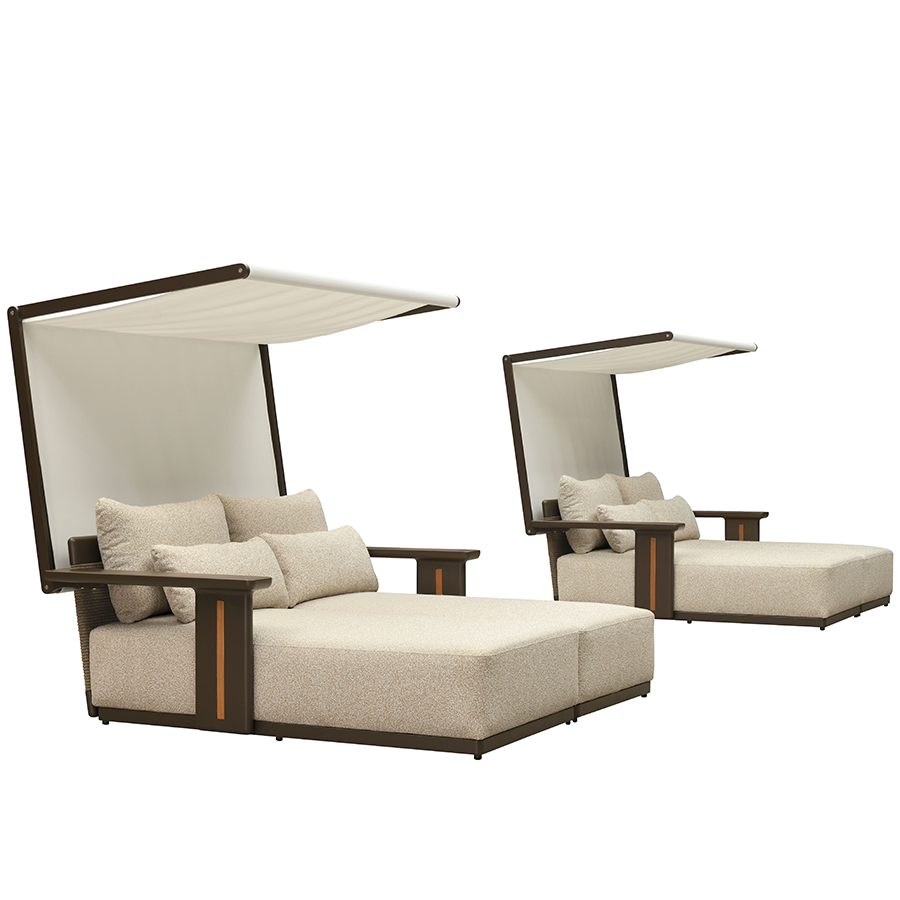 PURPLE LEAF Luxury Double Chaise Lounge Chair Outdoor Premium Aluminum Lounger with Teak Trim Armrest and 4 Pillows Modern Daybed with Textilene Canpoy for Pool Backyard Deck Garden